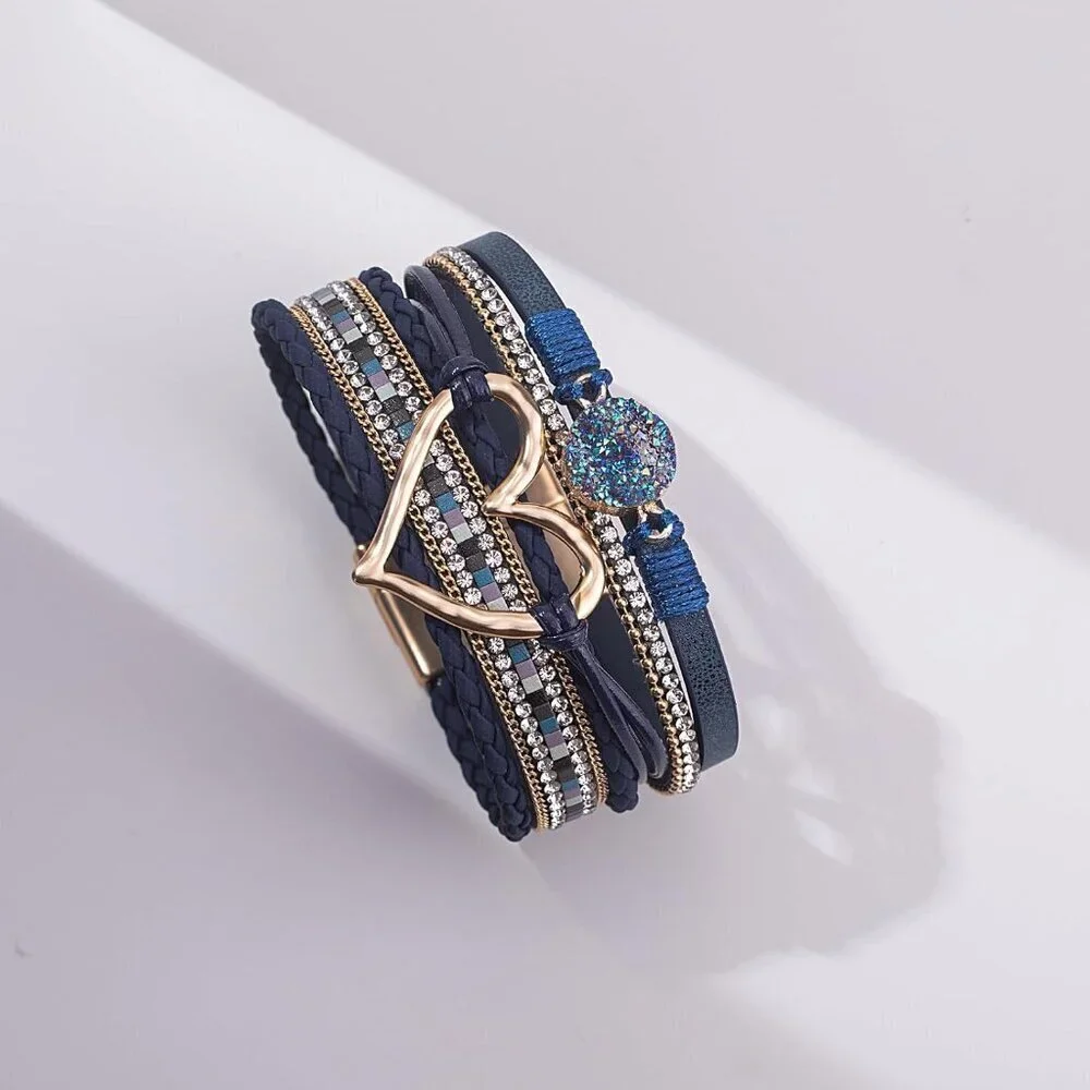 Leather Wrap Bracelets Boho Stackable Cuff Trendy Resin Stone Rhinestone Jewelry